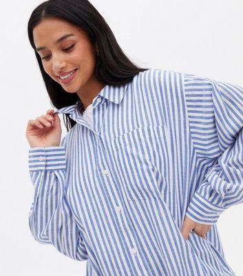 Petite Blue Stripe Poplin Oversized Shirt New Look