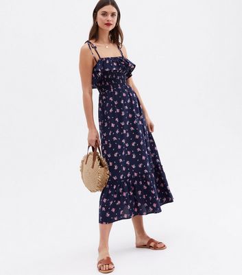 Click to view product details and reviews for Blue Floral Shirred Frill Trim Square Neck Midi Dress New Look.