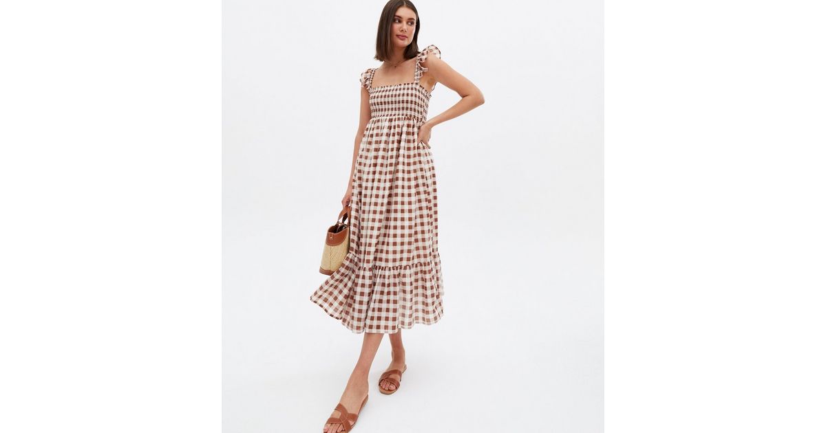 Brown Gingham Shirred Square Neck Midi Dress | New Look