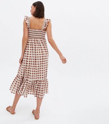 Brown Gingham Shirred Square Neck Midi Dress New Look