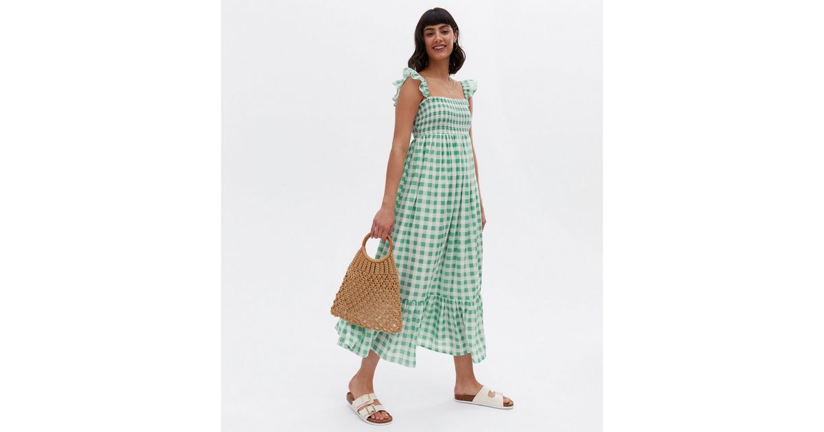 Green Gingham Shirred Square Neck Midi Dress | New Look