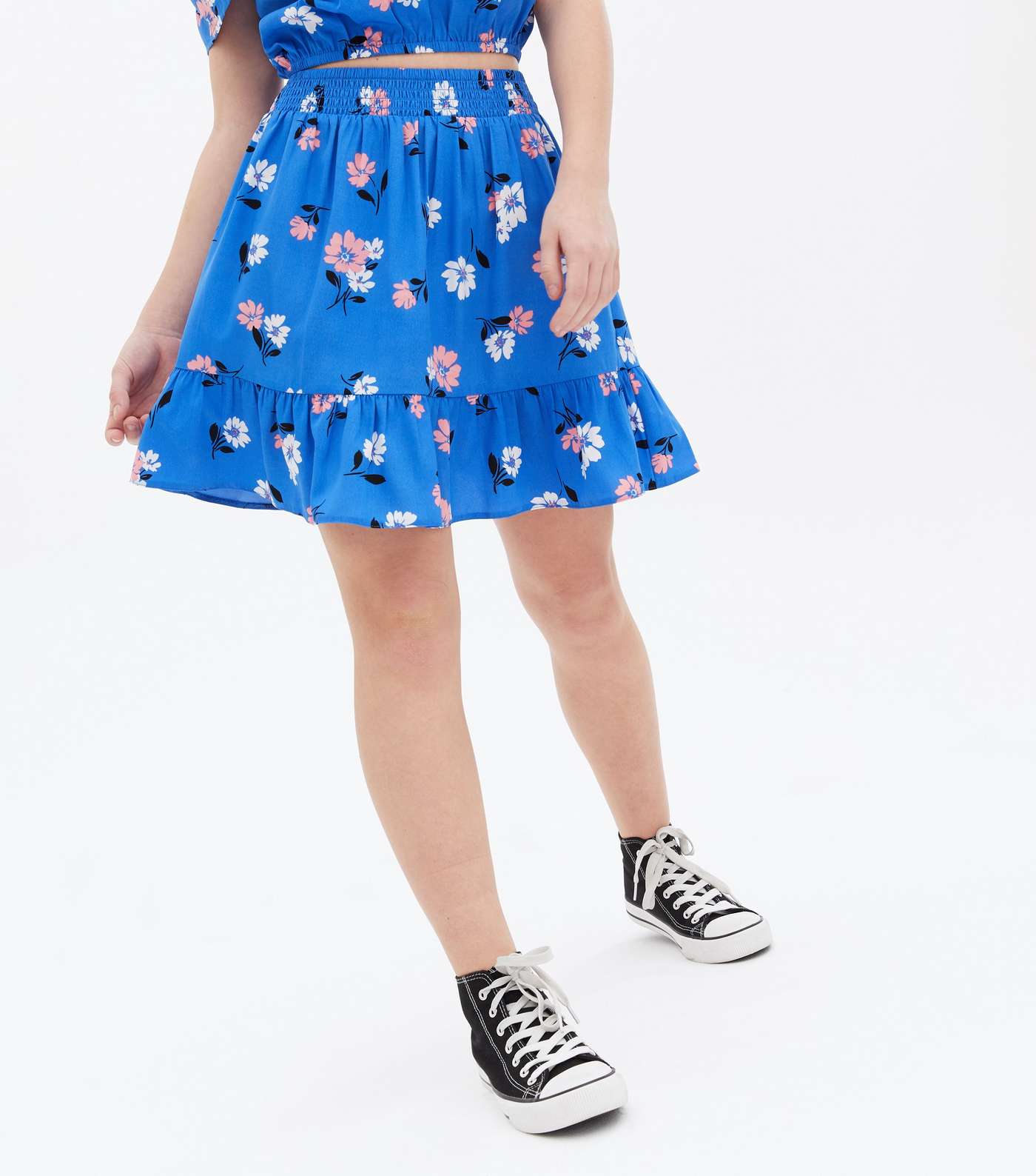 Girls Blue Floral Crepe Skirt and Top Set Image 3