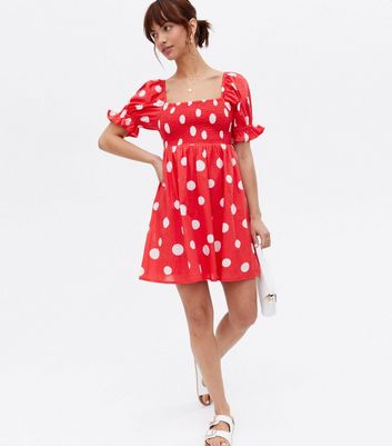 Red Spot Shirred Square Neck Mini Dress