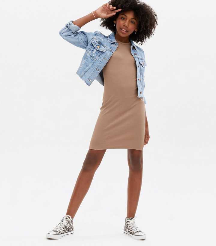 Girls Camel Ribbed Jersey Racer Dress
