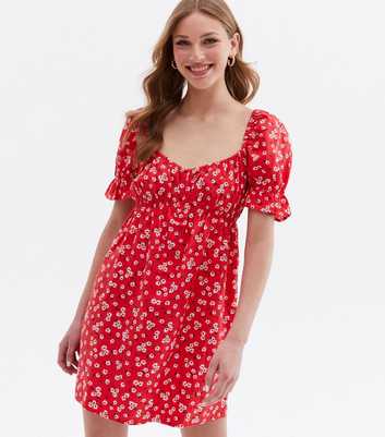 Red Floral Linen-Look Sweetheart Neck Mini Dress