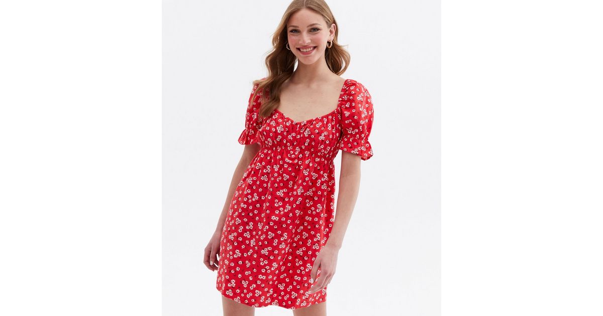 Red Floral Linen-Look Sweetheart Neck Mini Dress | New Look