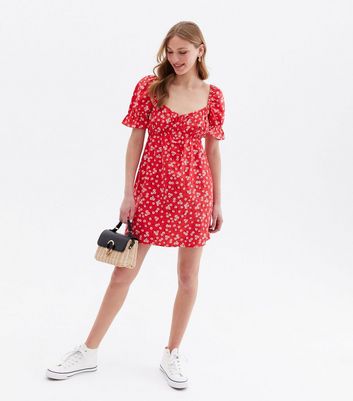 Click to view product details and reviews for Red Floral Linen Look Sweetheart Neck Mini Dress New Look.