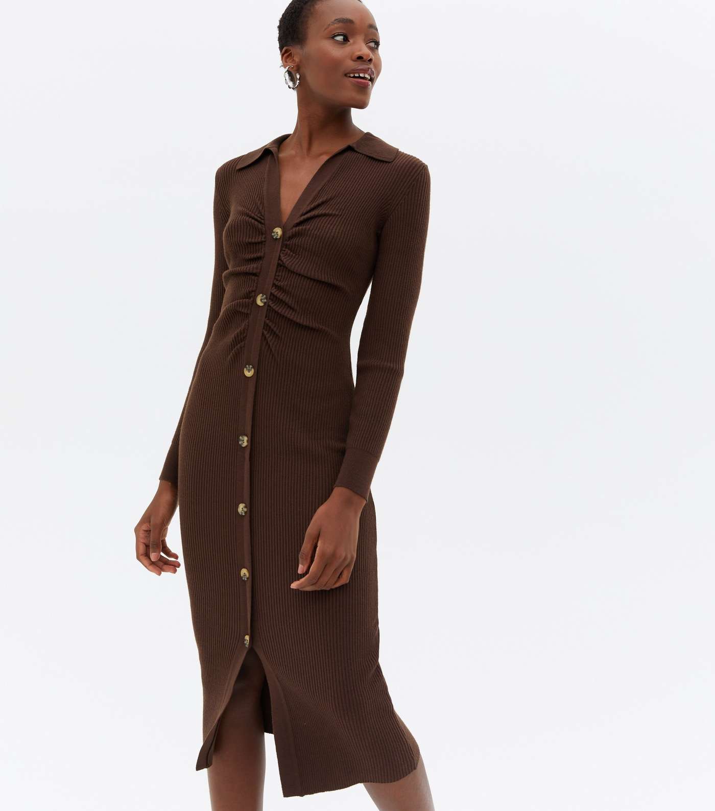 Tall Brown Long Sleeve Bodycon Midi Cardigan Dress Image 2