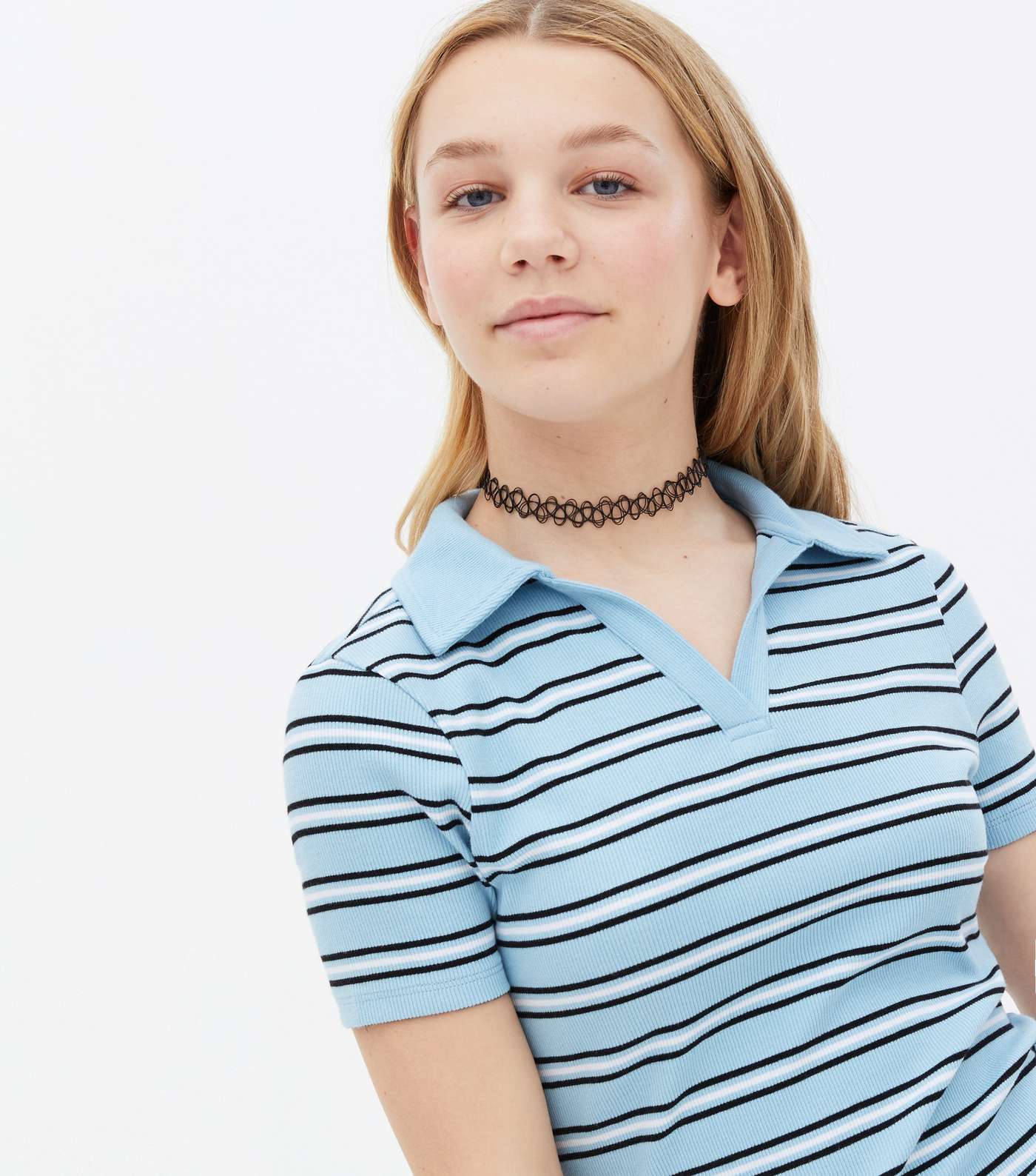 Girls Blue Stripe Collared Mini Dress Image 3