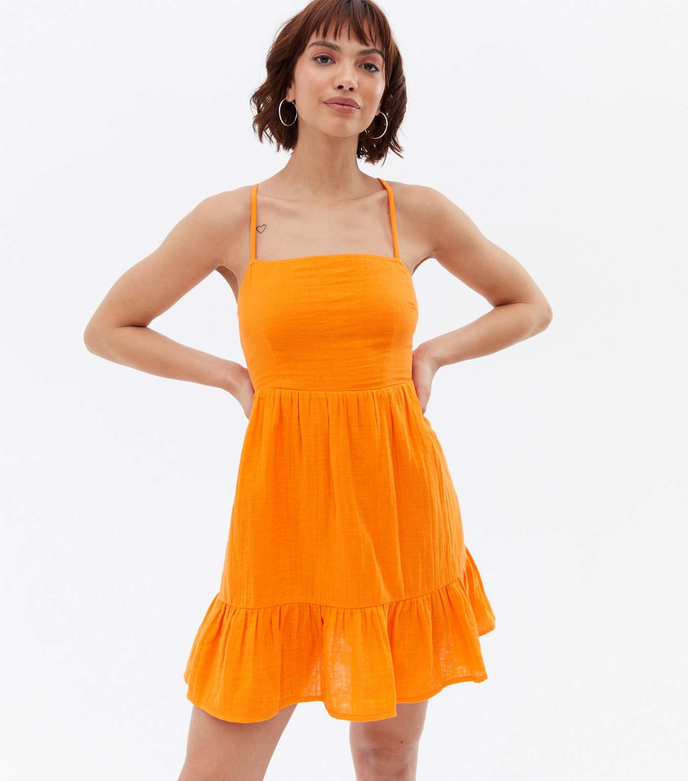Bright Orange Strappy Square Neck Tiered Mini Dress