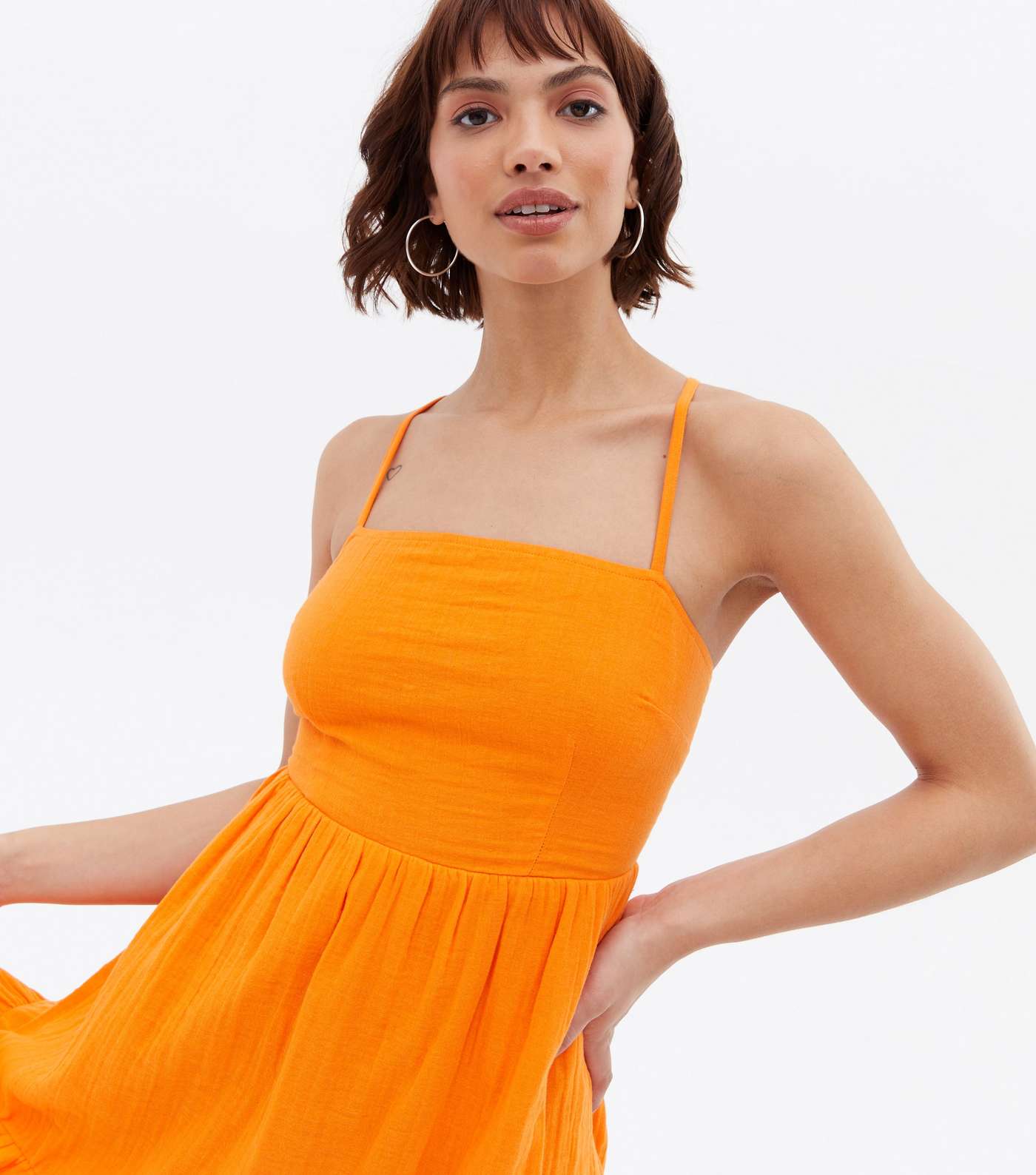 Bright Orange Strappy Square Neck Tiered Mini Dress Image 3