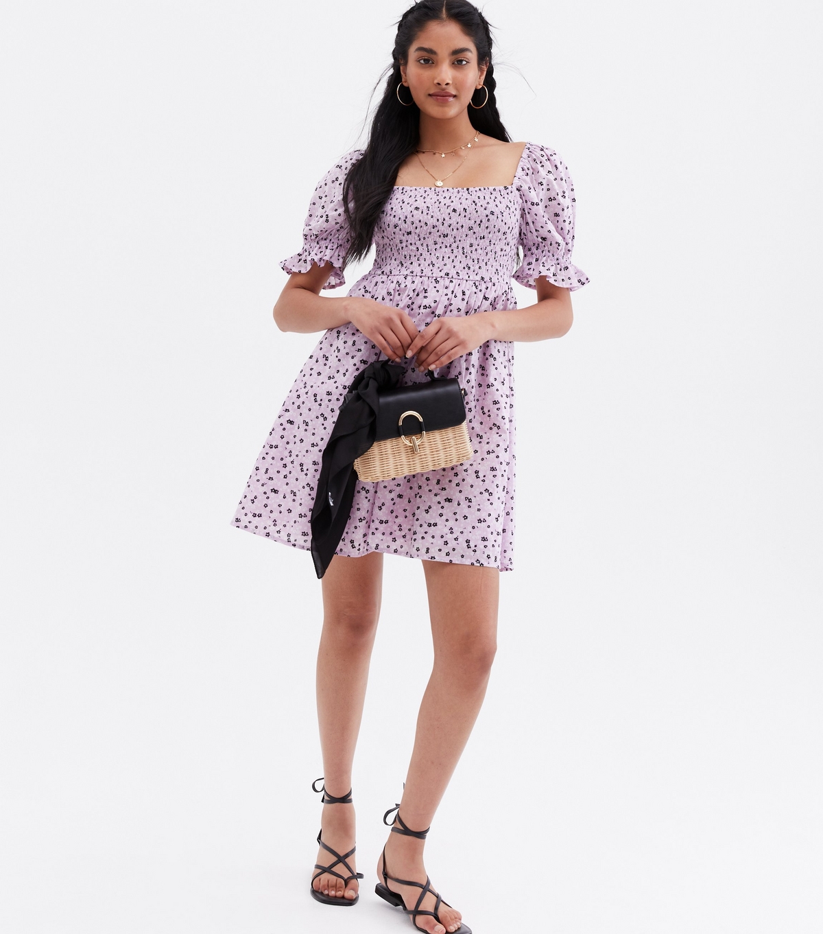 Women's Purple Ditsy Floral Shirred Square Neck Mini Dress New Look
