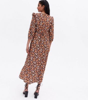 Brown Floral Frill Shoulder Midi Dress New Look