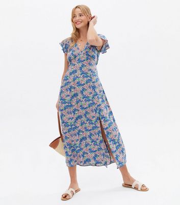 Blue ditsy floral cheap split midi dress