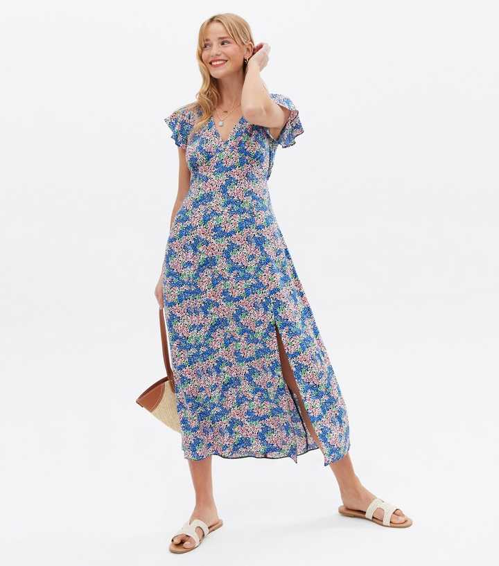 Blue Ditsy Floral Frill Sleeve Split Midi Dress