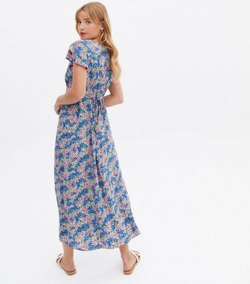 Blue ditsy floral cheap split midi dress