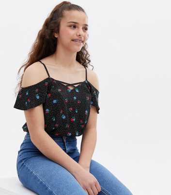 Girls Black Floral Spot Lattice Cold Shoulder Top