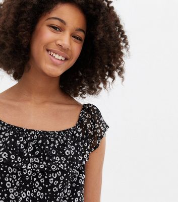 Girls Black Animal Print Chiffon Bardot 