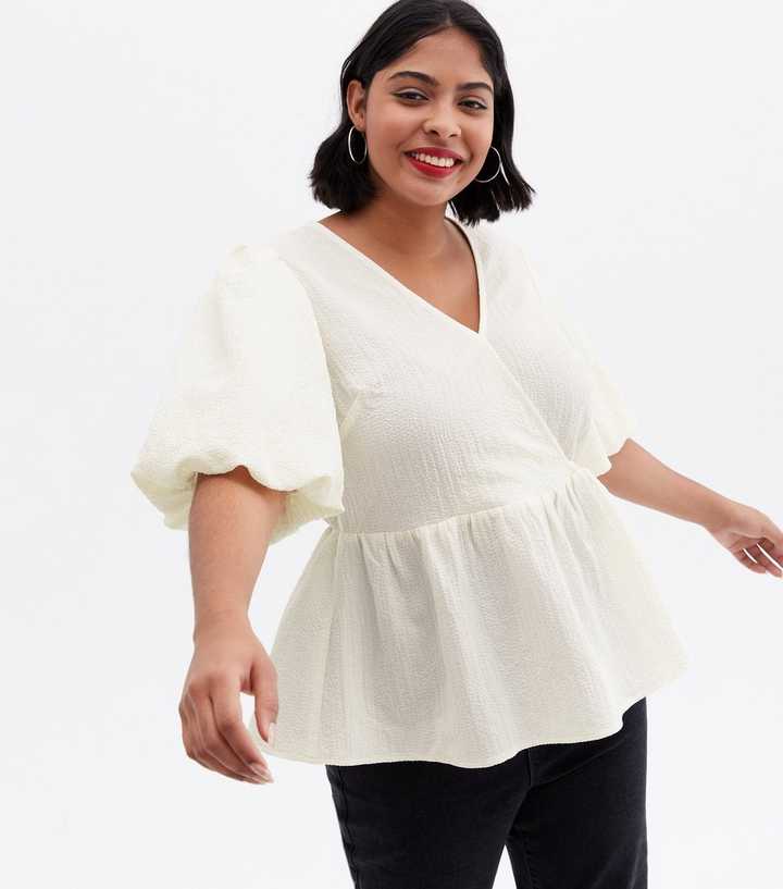 Curves White Textured Peplum Wrap Top