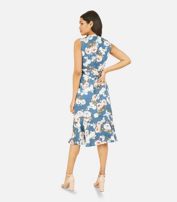 Mela Blue Floral Satin Frill Midi Wrap Dress New Look