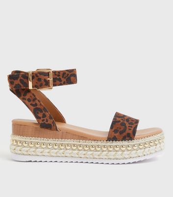 shop for Brown Leopard Print Suedette Espadrille Flatform Sandals New Look Vegan at Shopo