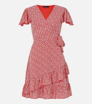 Mela Red Ditsy Floral Frill Mini Wrap Dress New Look