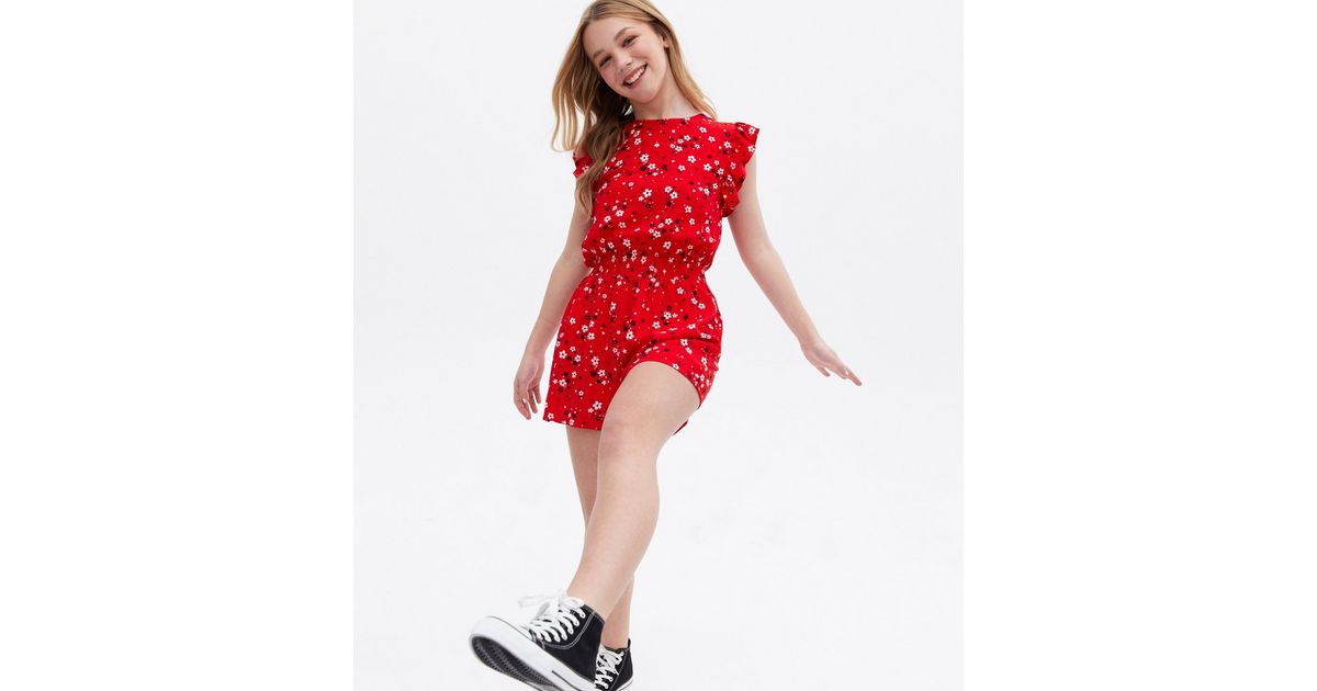 Girls Red Ditsy Floral Frill Playsuit | New Look