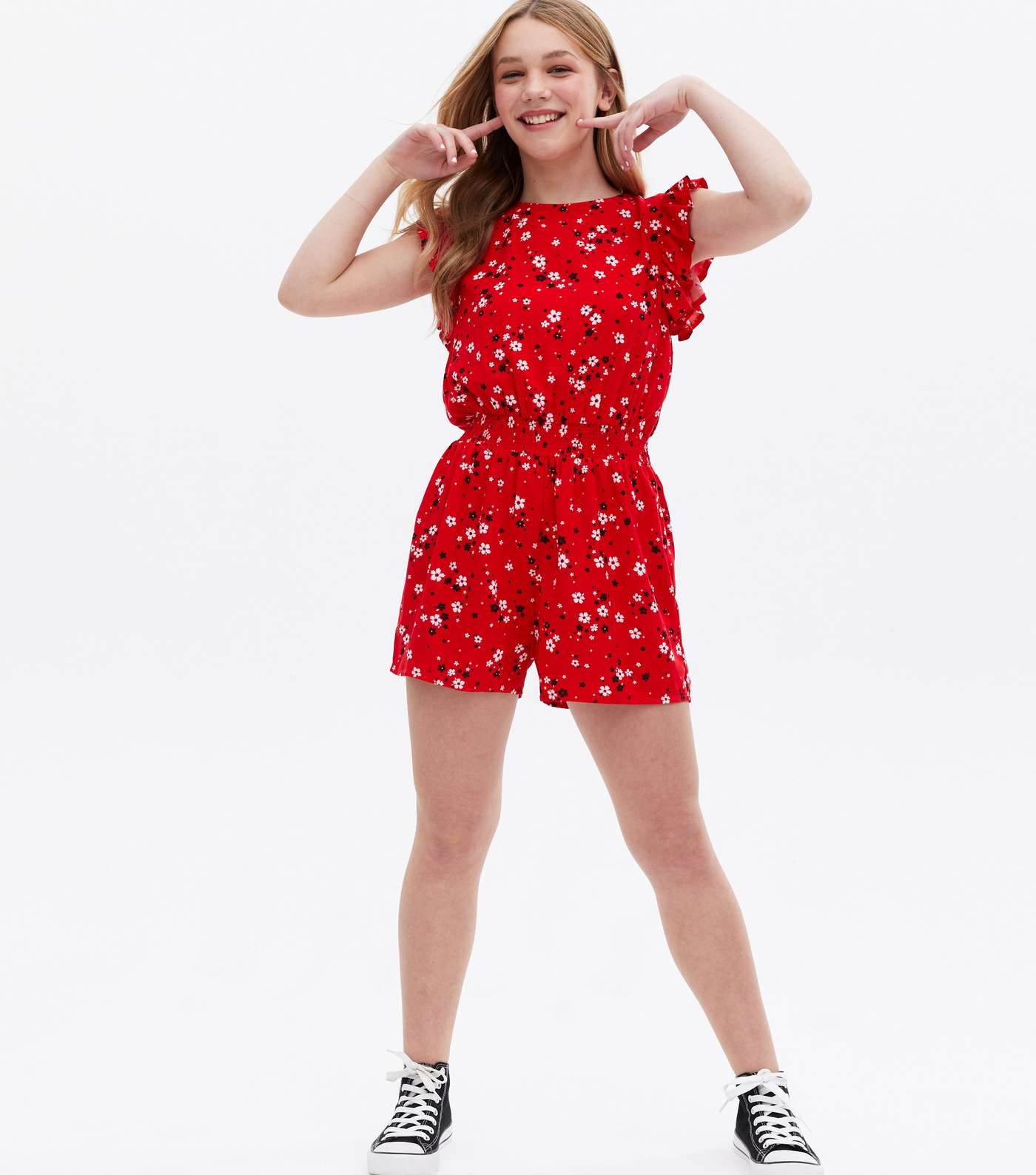 Girls Red Ditsy Floral Frill Playsuit Image 2