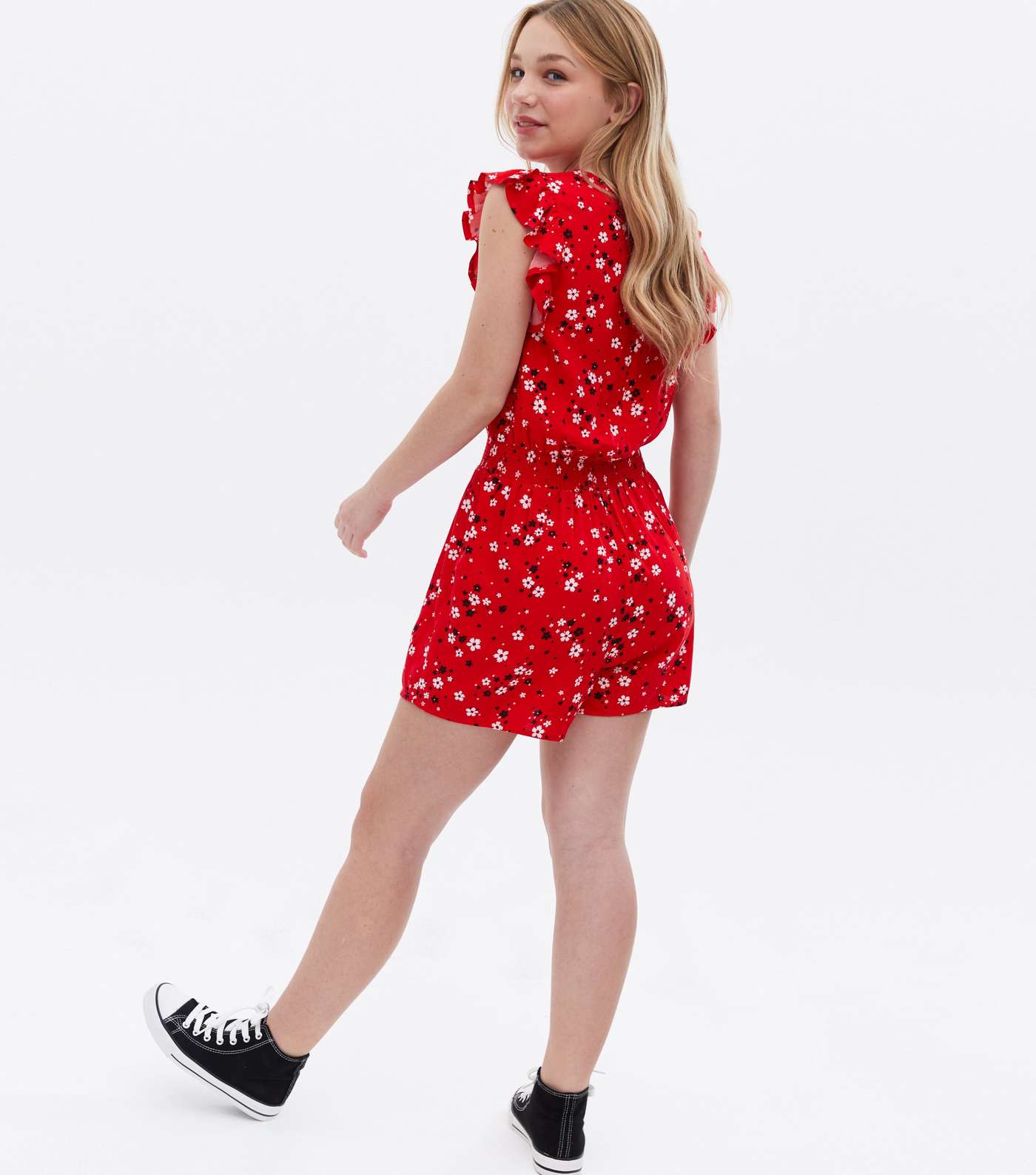 Girls Red Ditsy Floral Frill Playsuit Image 4