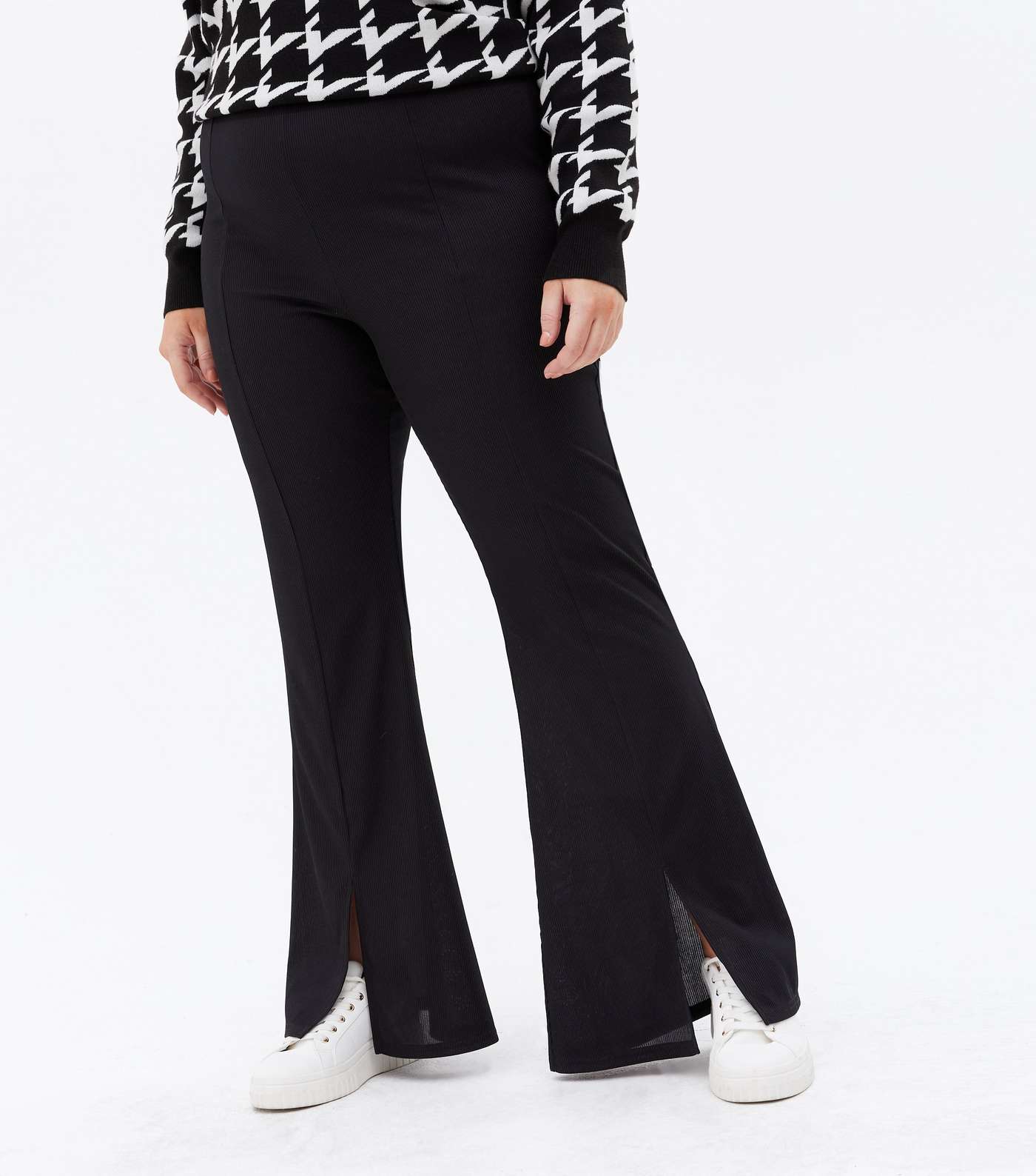 Curves Black Ribbed Split Front Flared Trousers Image 2