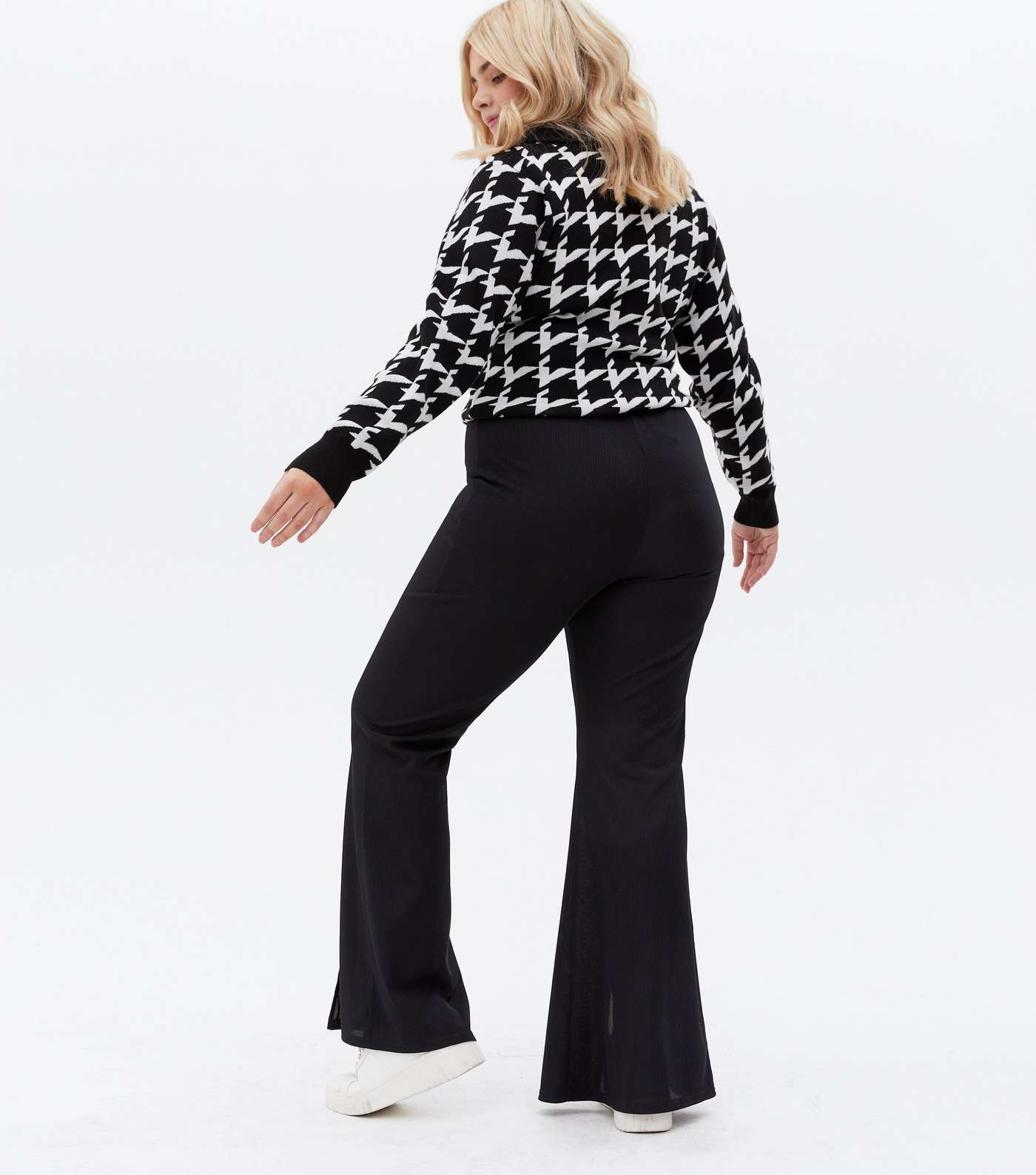 Curves Black Ribbed Split Front Flared Trousers Image 4