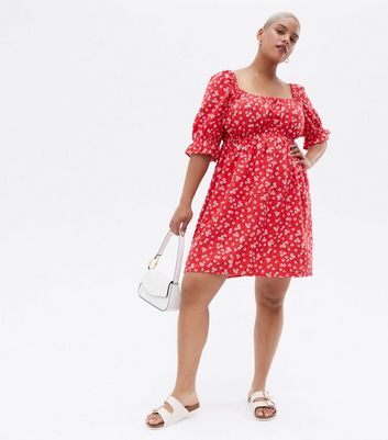 Damen Bekleidung Curves Red Floral Linen-Look Puff Sleeve Mini Dress