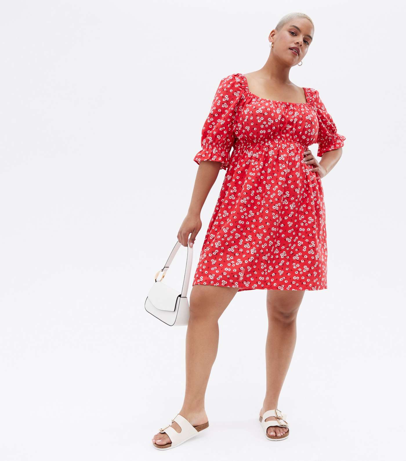 Curves Red Floral Linen-Look Puff Sleeve Mini Dress Image 2