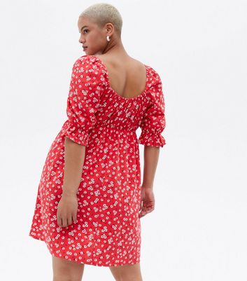 Damen Bekleidung Curves Red Floral Linen-Look Puff Sleeve Mini Dress