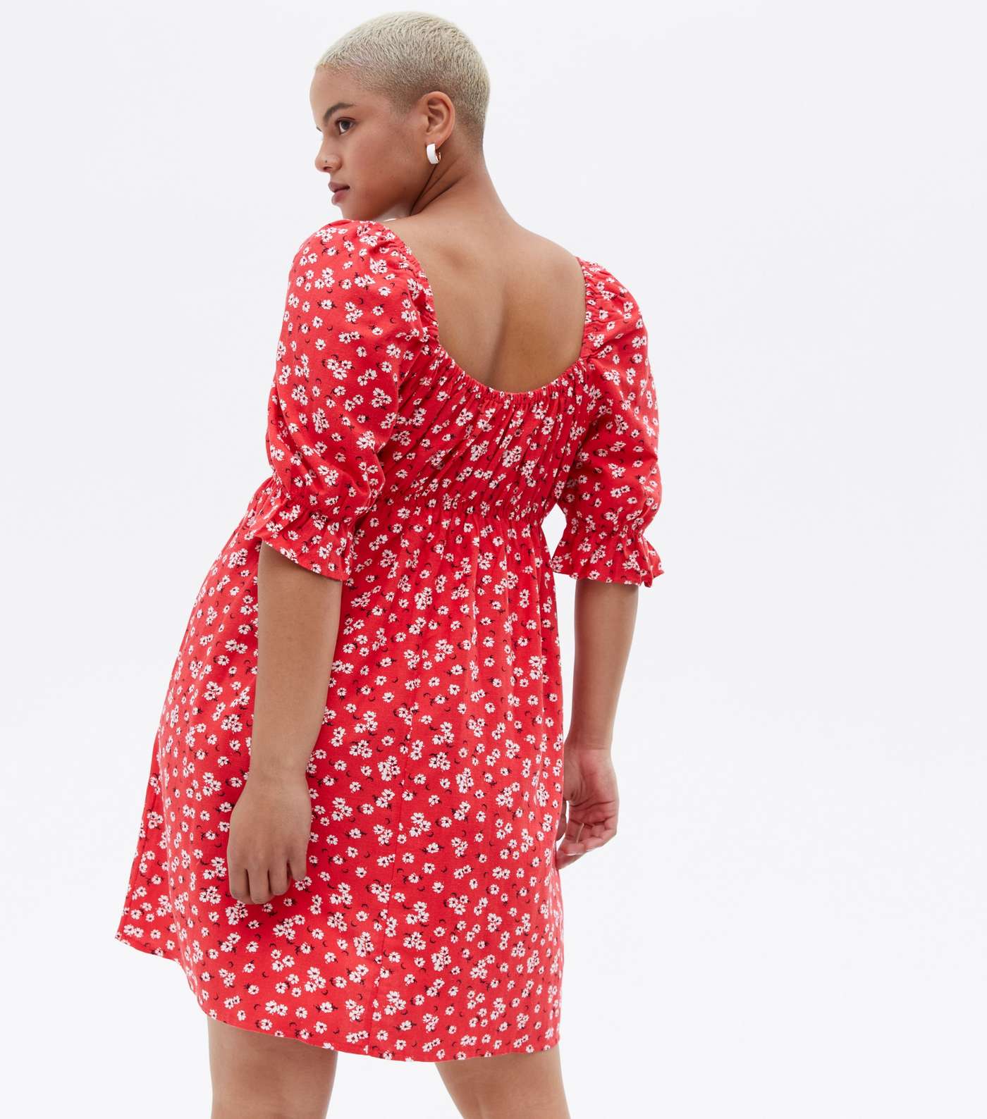 Curves Red Floral Linen-Look Puff Sleeve Mini Dress Image 4