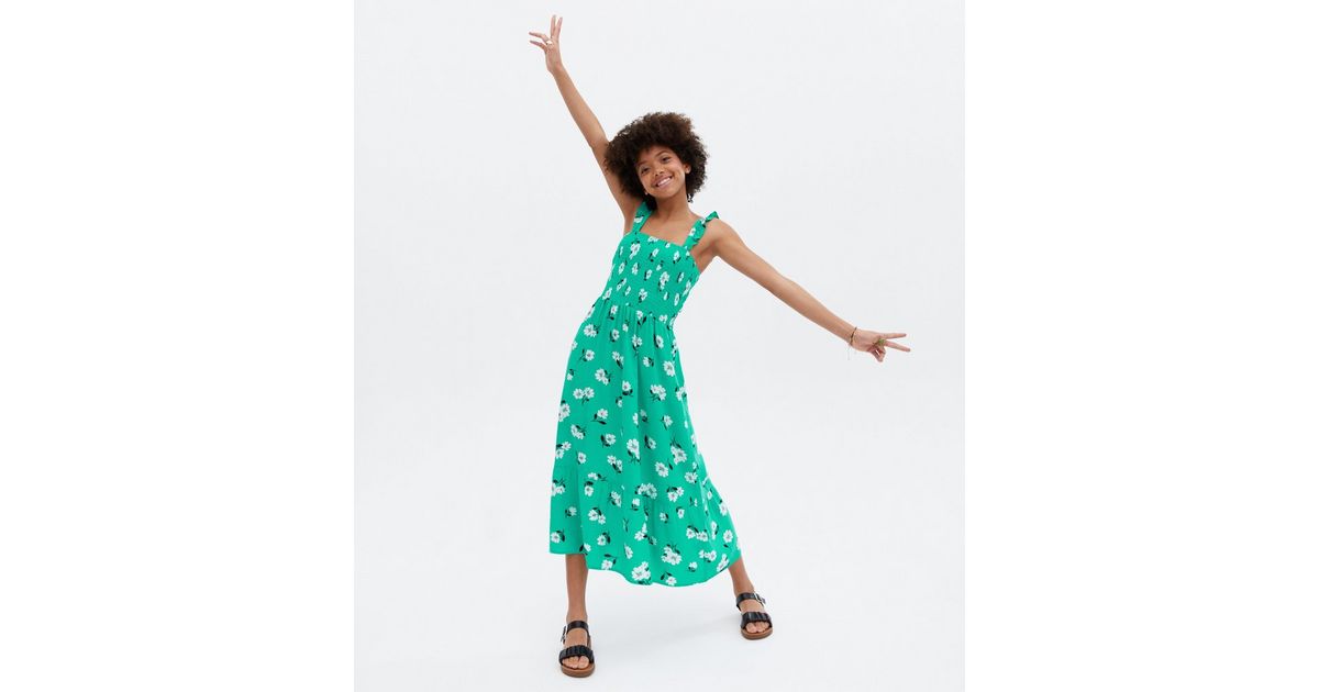 Girls Green Floral Shirred Midi Dress | New Look