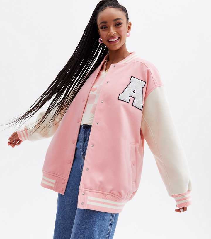 Womens Pink and White varsity Jacket - Baseball Bomber Style