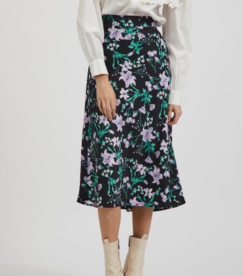 Vila Black Floral High Waist Midi Skirt New Look