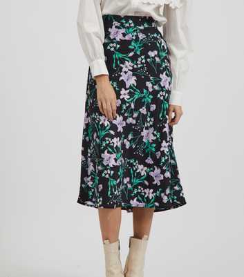 VILA Black Floral High Waist Midi Skirt