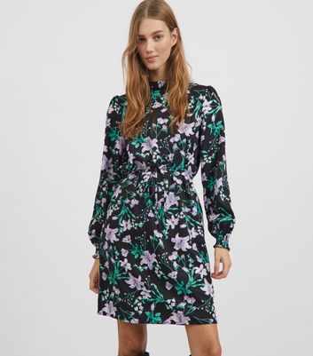 Vila Black Floral High Neck Puff Sleeve Mini Dress New Look