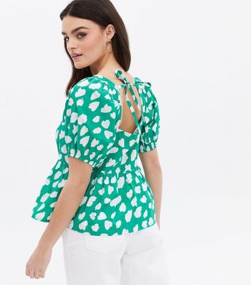 Green Animal Print Poplin Tie Back Peplum Blouse New Look