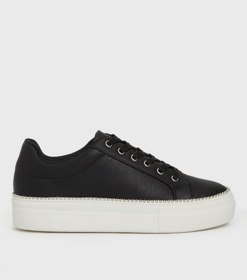 Black Leather Look Chain Lace Up Flatform Trainers New Look