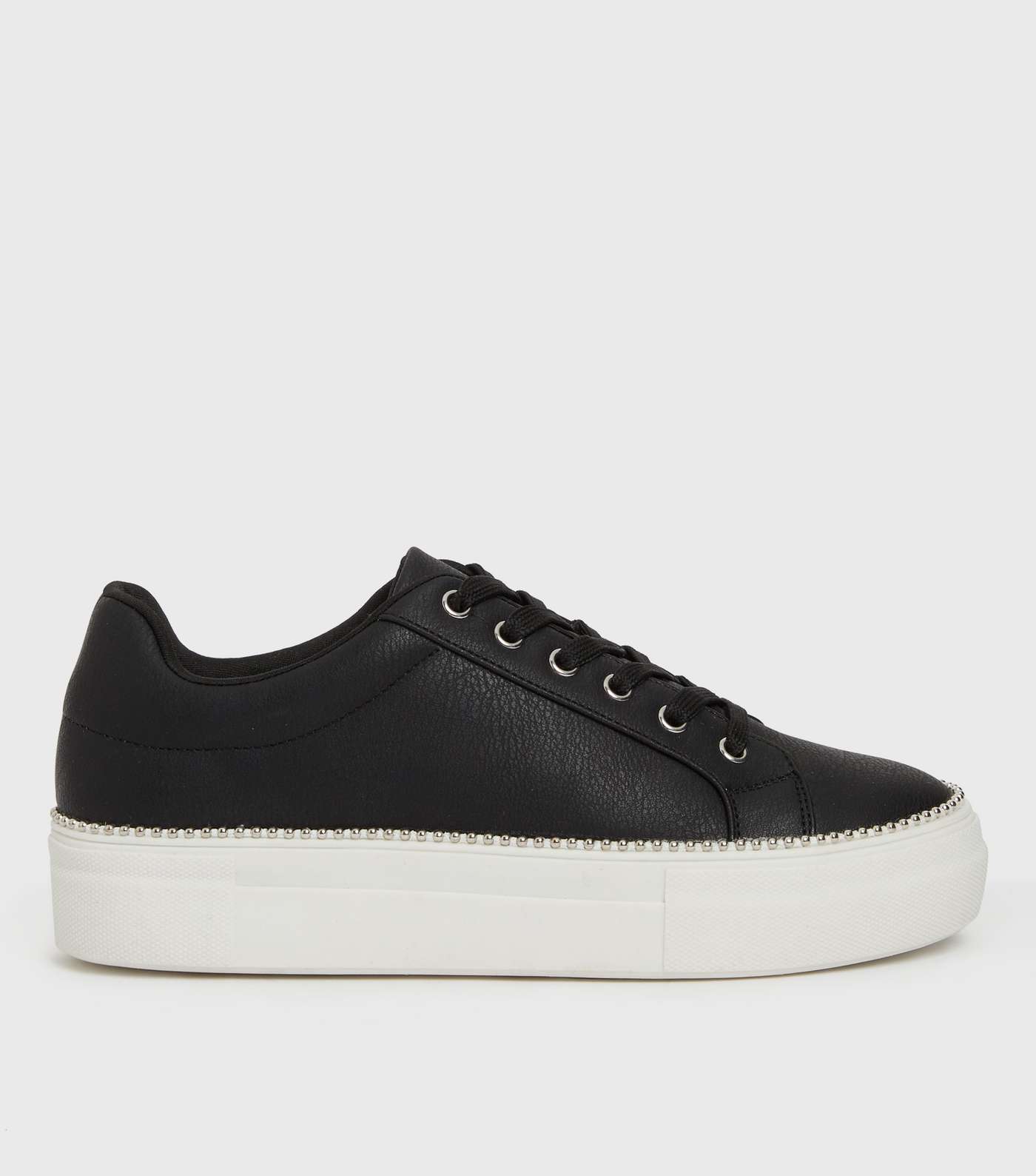 Black Leather-Look Chain Lace Up Flatform Trainers