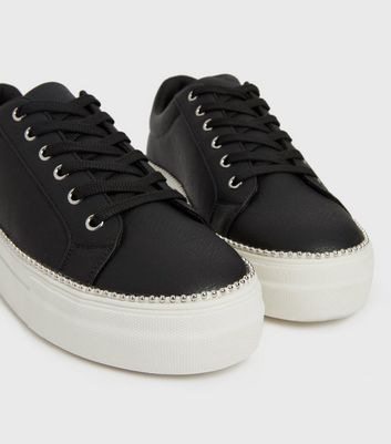 Click to view product details and reviews for Black Leather Look Chain Lace Up Flatform Trainers New Look Vegan.