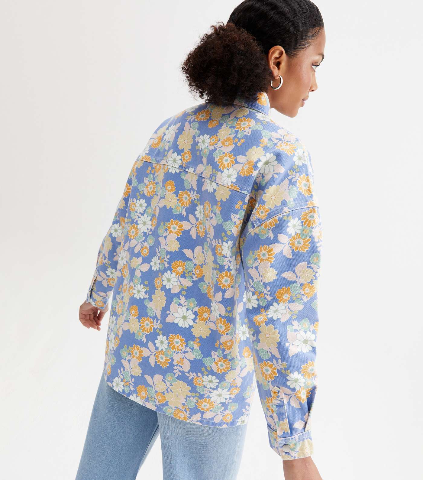 Blue Floral Denim Oversized Shirt Image 4