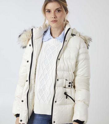 cream puffer coat with fur hood