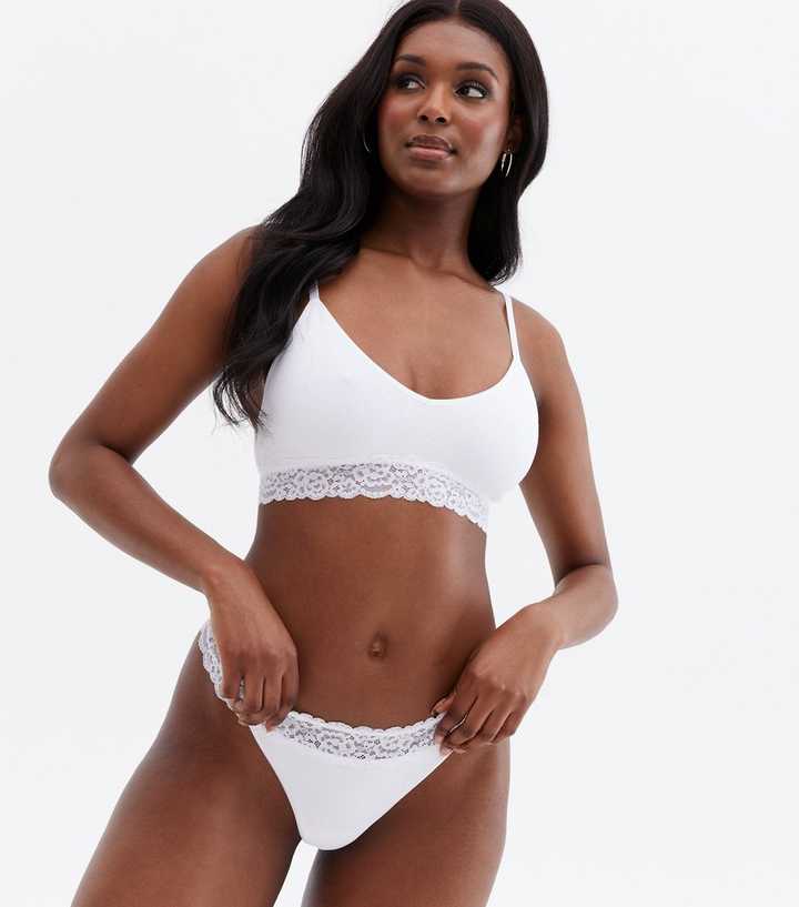 White Ribbed Lace Waist Seamless Thong