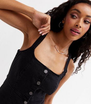 Black Denim Cross Back Mini Pinafore Dress New Look