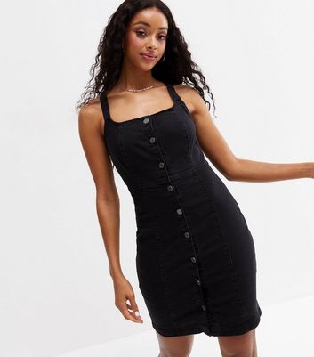 Black Denim Cross Back Mini Pinafore Dress