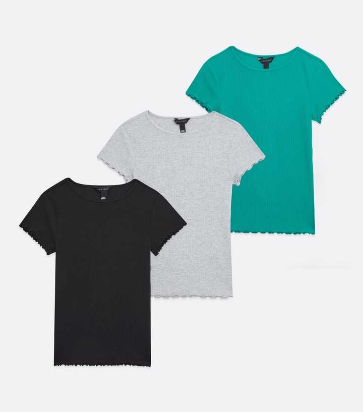 3 Pack Green Grey and Black Ribbed Frill T-Shirts
